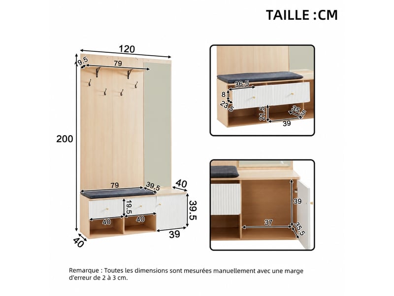  Vestiaire d’entrée avec miroir et banc, rangement mdf 120 x 40 x 200 cm, blanc et chêne  - Conforama D