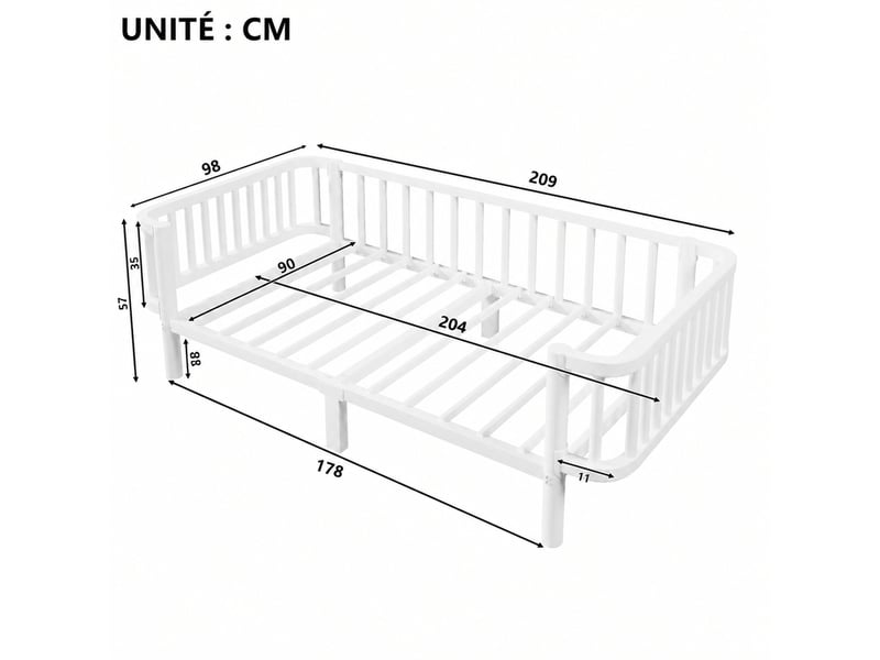  Lit banquette simple en métal blanc, couchage 90x200 cm, cadre renforcé et lattes en acier, matelas non précisé  - Conforama D