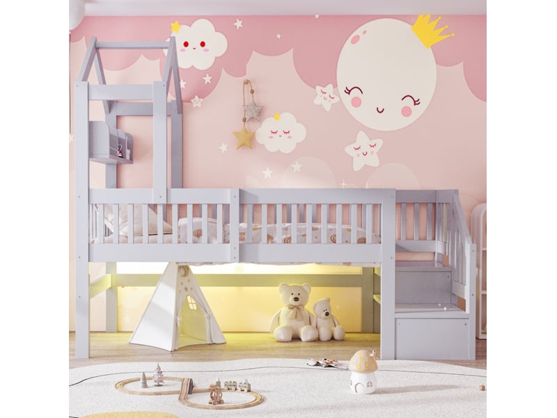  Lit mezzanine mi-hauteur enfant 90x200 cm avec escalier de rangement et led gris  - Conforama B