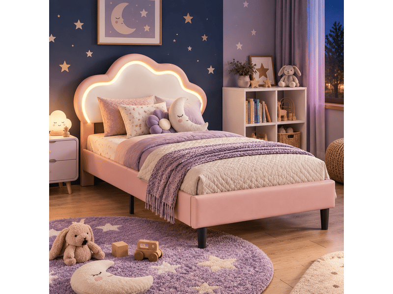  Lit enfant fille 90x200 avec led, lit princesse avec tête de lit en nuage, lits 1 personne pour fille adolescent, , pu, sans matelas, rose  - Conforama W