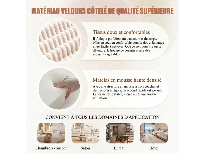  Canapé modulaire 3 places avec pouf convertible velours côtelé beige 263 x 167 x 85 cm poches latérales  - Conforama R