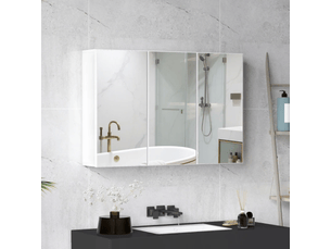 Armoire de salle de bain blanche 90x15,5x60 cm, 3 portes miroir, murale, en panneaux de particules