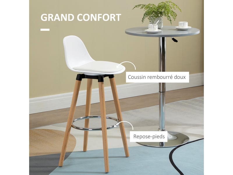  Lot de 4 tabourets de bar style scandinave hauteur avec pieds en bois et repose-pieds en acier - blanc 70 cm  - Conforama E