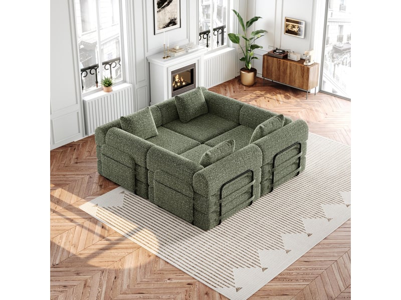  Canapé convertible 4 places - 368x91x70cm - chauffeuse lit chenille, poches rangement, cadre acier - vert olive  - Conforama B