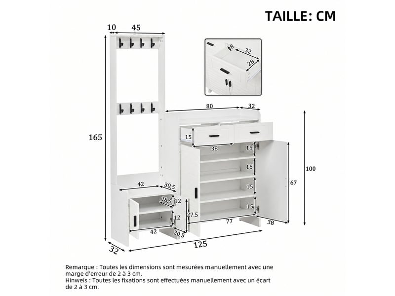  Meuble d'entrée avec rangement chaussures, 2 portes, 2 tiroirs, 8 patères, 125 x 32 x 165 cm, blanc  - Conforama E