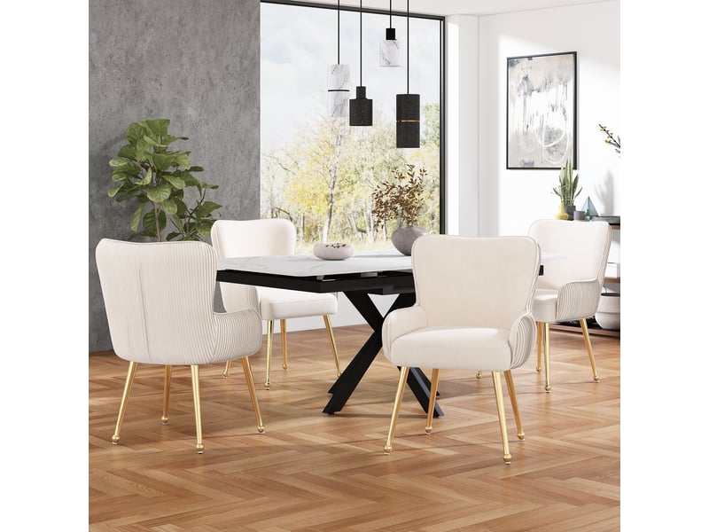  Lot de 6 chaises de salle à manger 57x53x83 cm, accoudoirs ergonomiques, pieds métal, velours, beige+doré  - Conforama W