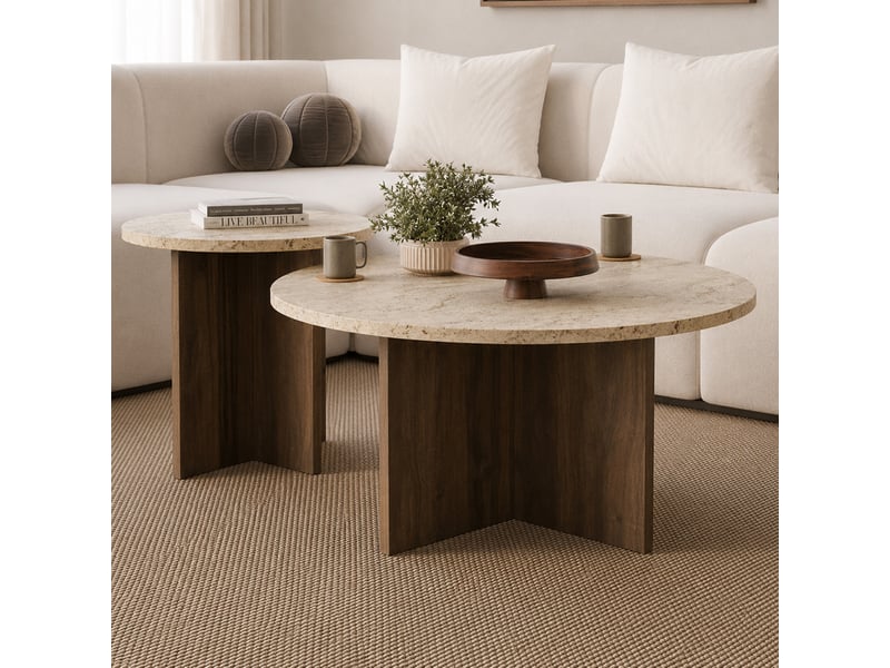  Ensemble de 2 tables basses rondes effet travertin et noyer travi  - Conforama E