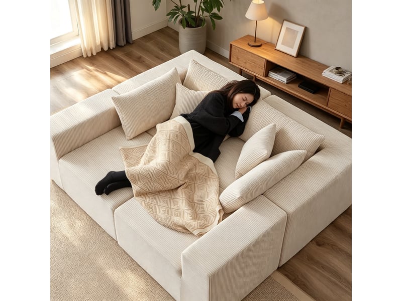  Canapé d’angle, sectionnel en velours côtelé 104, ensemble bas haut de gamme, rembourré, 4 modules, 71x264x167 cm, beige  - Conforama D