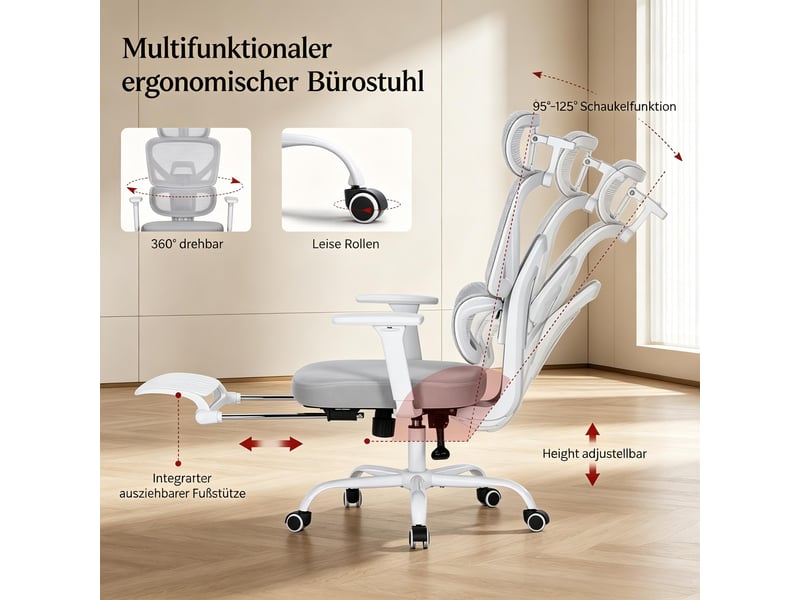  Chaise de bureau ergonomique avec repose-pieds réglable - lpospi - accoudoirs 3d, maille et pu gris  - Conforama E