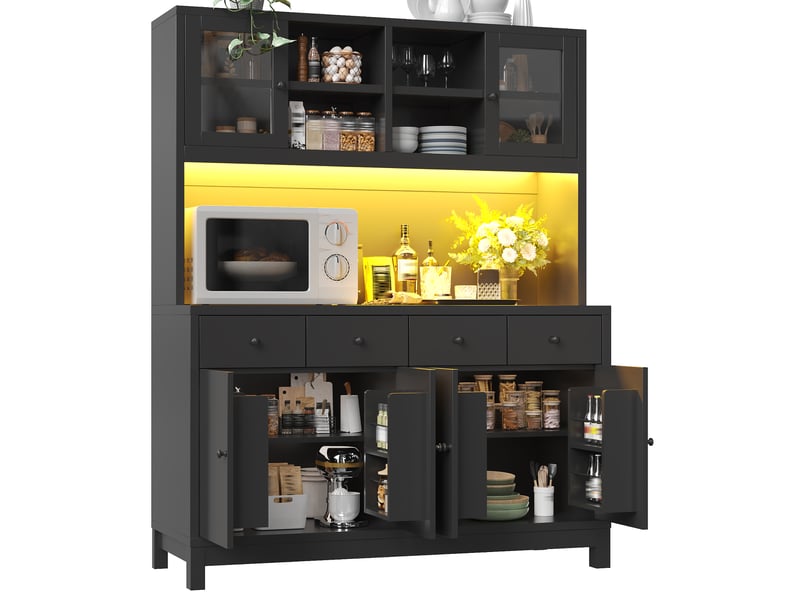  Meuble de cuisine muvano, buffet haut noir avec portes vitrées, 4 tiroirs, 140 × 38,5 × 180 cm  - Conforama A