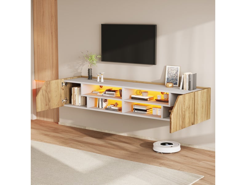  Meuble tv mural, 180 x 36,5 x 40 cm, blanc et finition bois, avec éclairage led, 2 portes au design géométrique et espaces de rangement  - Conforama D