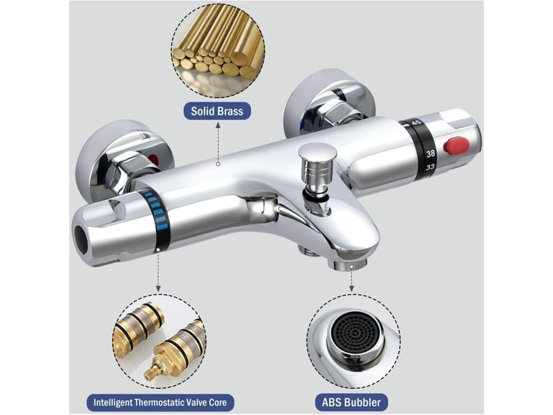  Mitigeur thermostatique de douche en laiton avec bouton de sécurité 38°c, avec 2 becs, chromé  - Conforama C