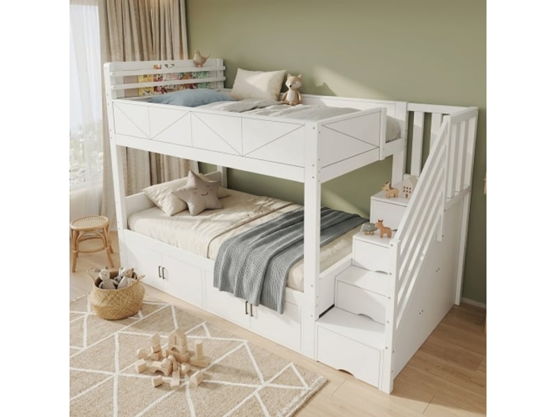 Lit superposé blanc 90x200 cm avec escalier–rangements sous le lit–sécurité renforcée–range-livres–design moderne - Conforama B