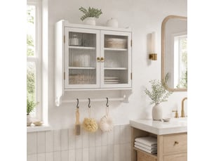 Armoire murale vintage à 2 portes et 3 niveaux avec étagères amovibles pour salle de bain, cuisine, salle à manger, blanc blanchi, 63 × 60 × 18 cm