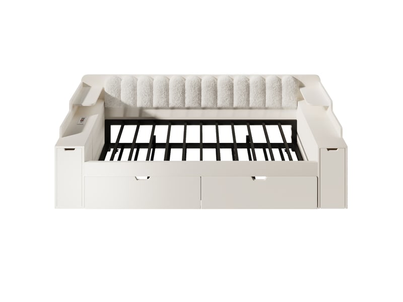  Lit banquette gigogne 90x200 cm avec rangement, usb et usb-c, mdf blanc, sans matelas  - Conforama R