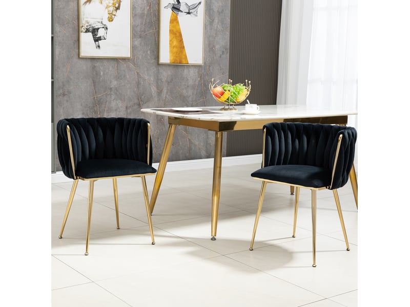  Chaise de salle à manger lot de 2 avec dossier tressé rembourré et pieds métalliques dorés en velours noir  - Conforama B