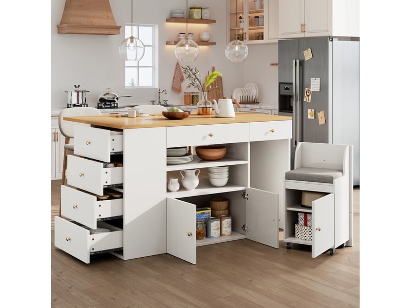  Îlot de cuisine avec tabouret à roulettes et 6 tiroirs, 140x40x89 cm, blanc  - Conforama B
