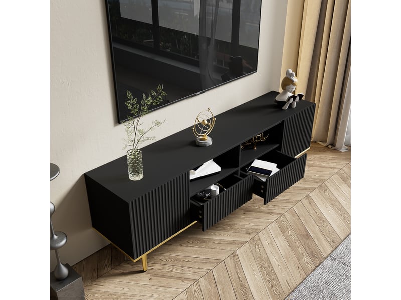  Meuble tv noir et or 165 cm moderne pour tv 60-69 pouces avec pieds dorés et 2 tiroirs  - Conforama W