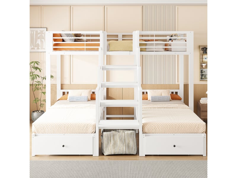  Lit superposé trois places 90 x 200 cm avec deux tiroirs et escalier central, structure métal et bois blanc  - Conforama D