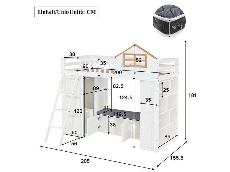  Lit mezzanine enfant 90x200 cm – blanc et naturel – armoire, étagères, banquette avec rangement - sans matelas  - Conforama C