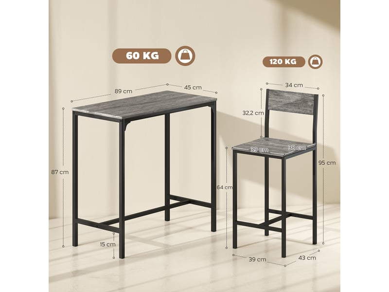  Ensemble table de bar avec tabourets, table à manger debout avec 2 chaises de bar, repose-pieds et dossiers, gris  - Conforama E
