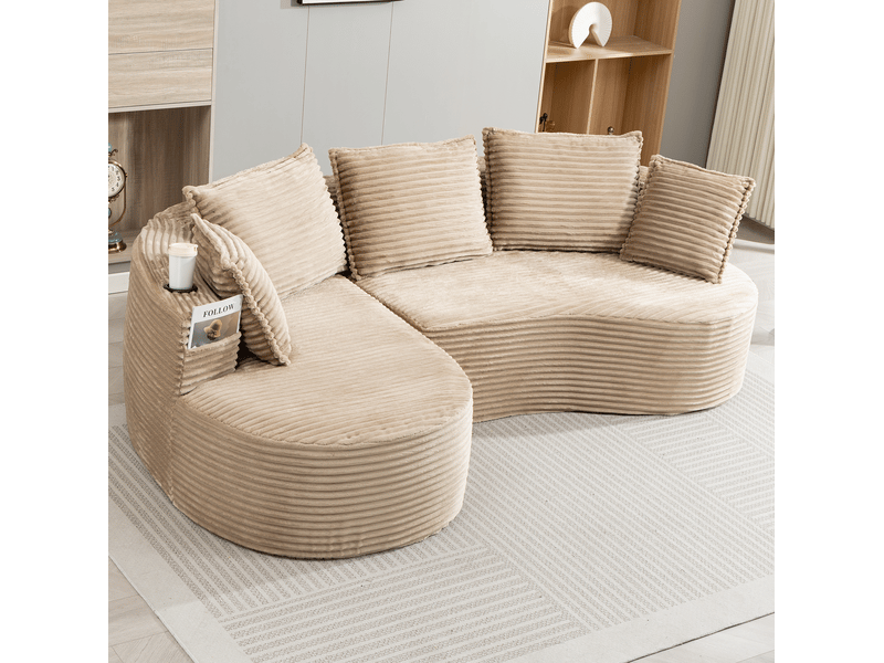 Canapé incurvé fixe 3 places en velours côtelé kaki avec porte-gobelets et poches latérales, 250 cm - Conforama B
