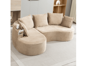Canapé incurvé fixe 3 places en velours côtelé kaki avec porte-gobelets et poches latérales, 250 cm