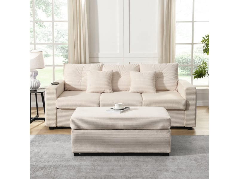  Canapé d'angle 3 places velours côtelé beige avec ottoman amovible surdimensionné et led  - Conforama D