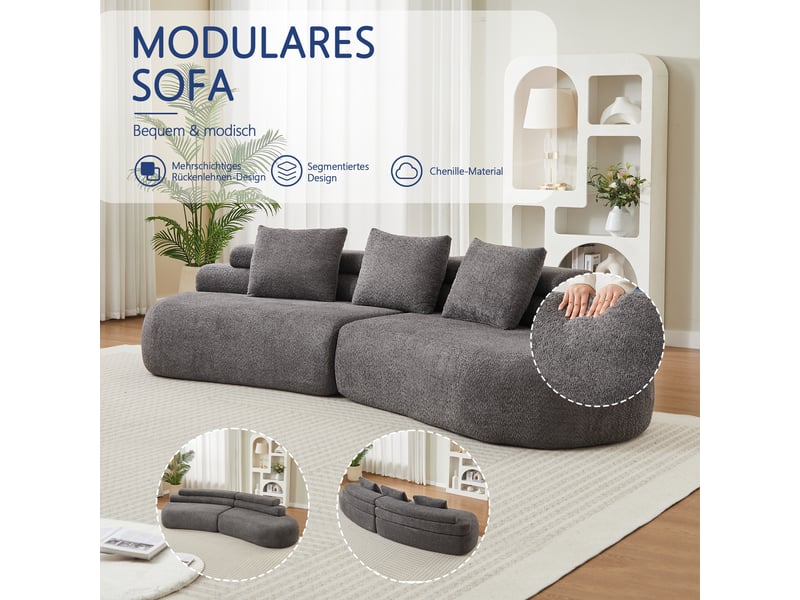 Canapé modulable, canapé de salon, en chenille, gris, forme incurvée, pour salon, mobilier pour espace de vie, chambre - Conforama W