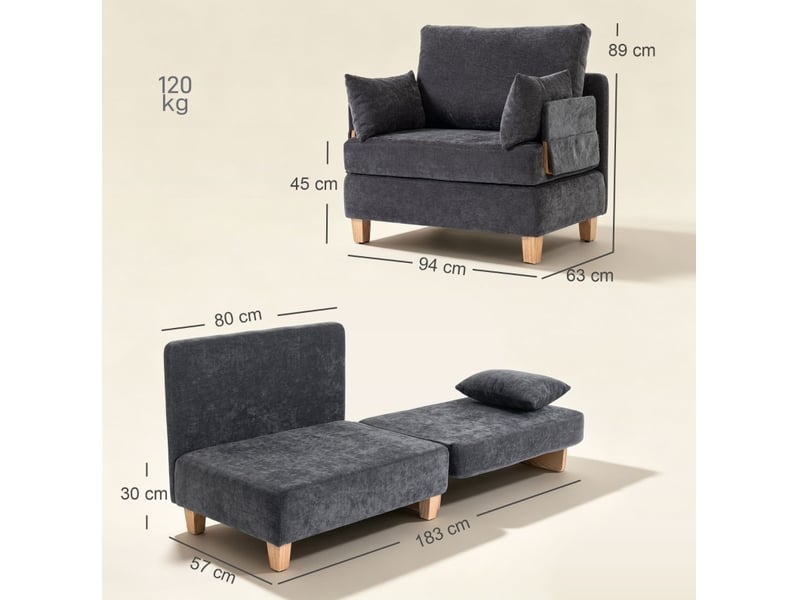  Fauteuil convertible tcqpz 2 en 1 94 x 63 x 89 cm lit une place 183 cm polyester gris foncé  - Conforama C