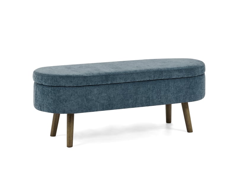  Banc de rangement 110 x 40 x 42 cm bleu, tissu chenille, cadre en bois, coffre 20 l à couvercle relevable  - Conforama D