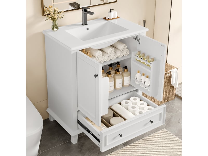  Meuble salle de bain sur pied 76x46x87cm avec vasque en céramique intégrée, meuble vasque 76 cm blanc, pieds en bois massif  - Conforama D