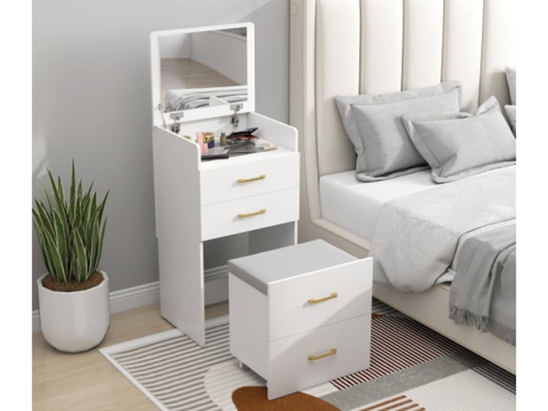  Coiffeuse 3-en-1 avec miroir, tabouret à roulettes et tiroirs, blanc  - Conforama B