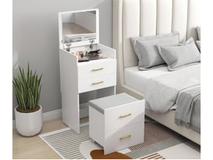 Coiffeuse 3-en-1 avec miroir, tabouret à roulettes et tiroirs, blanc