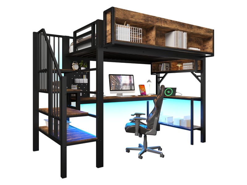  Modenvie lit mezzanine 90x200 cm - bureau d angle, rangements intégrés, led - sans matelas - bicolore  - Conforama A