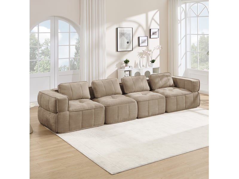  Canapé modulaire 4 places sans structure rigide avec base antidérapante en polyester sable, 344 × 93 × 67 cm  - Conforama D