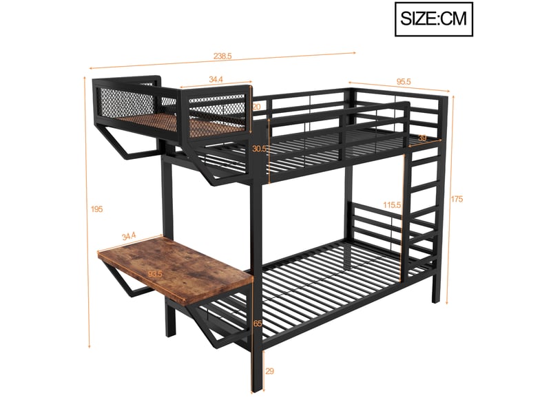  Lit superposé 90x200 cm avec bureau et étagères, métal noir  - Conforama C