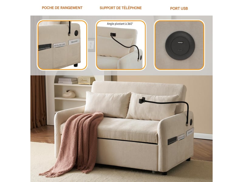  Canapé convertible 2 places en tissu chenille beige 129 cm N653P202122A - Conforama D