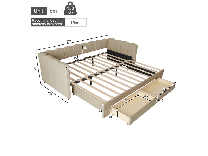  Lit banquette extensible 90 × 200 à 180 × 200 cm, 2 tiroirs, chenille beige IKSETERA TRADING LTD - Conforama C