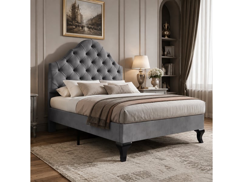  Lit simple 90x200 cm en velours gris avec tête de lit réglable et sommier à lattes  - Conforama C