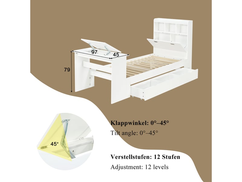  Lit enfant 90x200 blanc avec rangements, étagère tête de lit et tiroir flexible amovible  - Conforama D