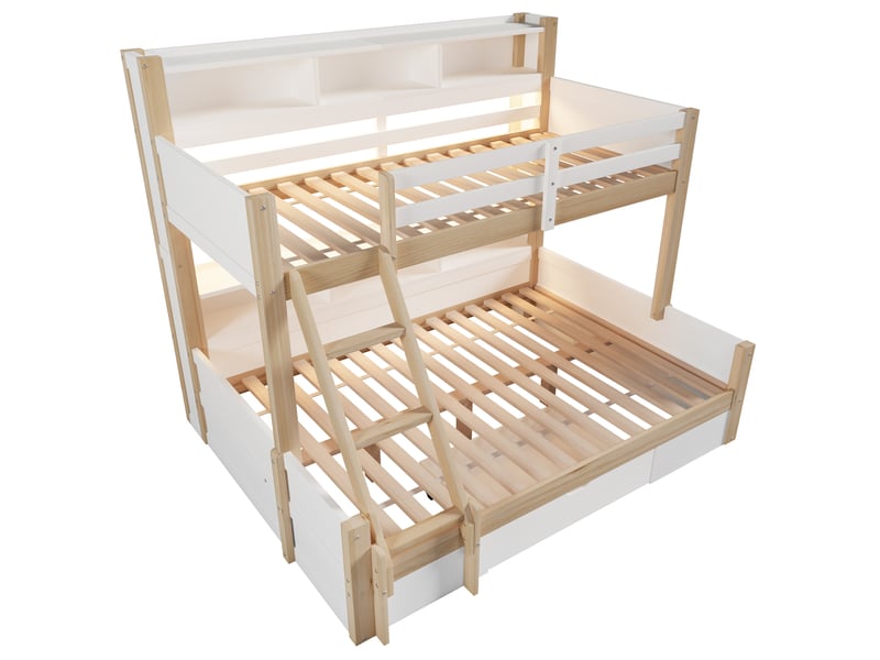 Lit superposé avec rangements, tiroir, échelle réversible et led, blanc et naturel, 90x200+140x200 cm - Conforama E