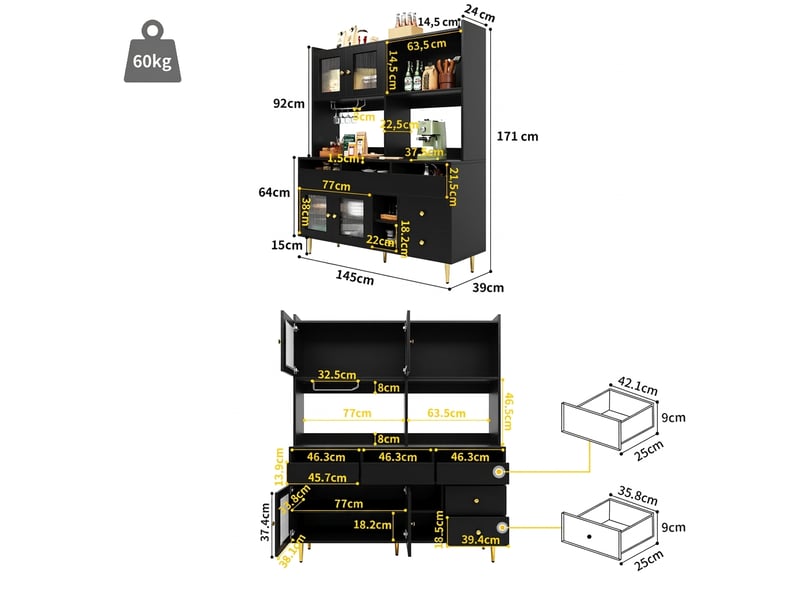  Buffet haut noir avec portes en verre changhong et porte-bouteilles 145x39x171 cm  - Conforama E