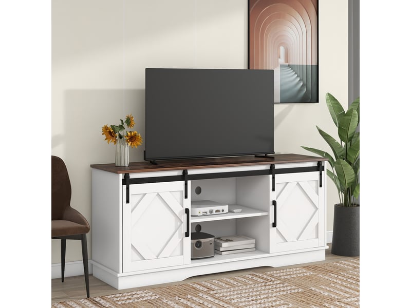 Meuble tv modenvie 150 x 40 x 60 cm avec portes coulissantes et rangements blanc et marron  - Conforama D