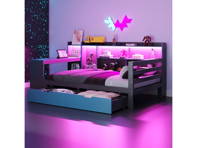 Lit enfant multifonction 90x200 cm avec bureau, rangement, led, 2 tiroirs, sommier inclus, pin et mdf noir bleu - Conforama B