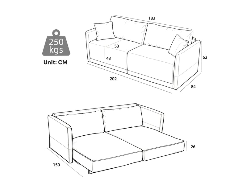  Canapé convertible 2 places avec fonction couchage et coussins, en velours côtelé gris, 202 × 84 × 62 cm  - Conforama E