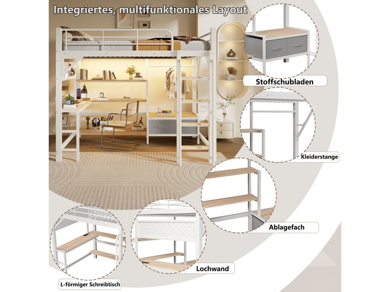  Lit mezzanine, 140 × 200 cm, blanc, métal et mdf, garde-corps, rangements, éclairage led, ports usb, bureau intégré, sans matelas  - Conforama E