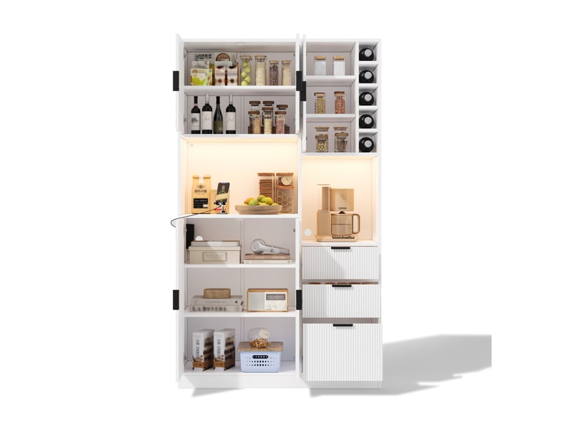 Buffet de cuisine haut 105 x 40 x 180 cm – blanc – led, prises intégrées, 3 tiroirs et casier à bouteilles - Conforama A