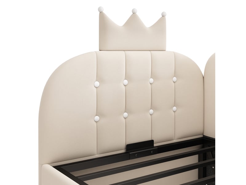  Lit banquette coffre 90 × 200 cm en velours beige, rangement hydraulique et tête en l motif couronne Fay Lum - Conforama E