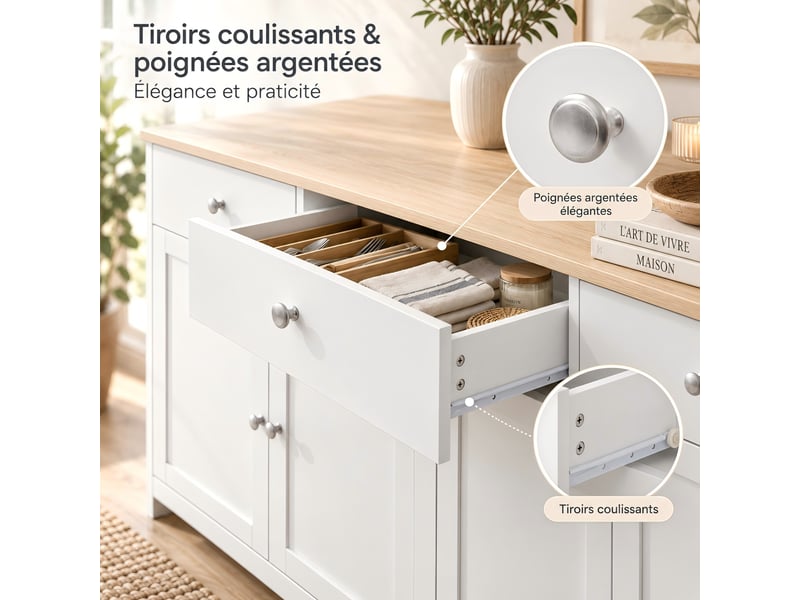Kefsr buffet bahut 160 cm, enfilade 4 portes et 3 tiroirs, meuble de rangement style campagne rustique, blanc et plateau couleur bois - Conforama E